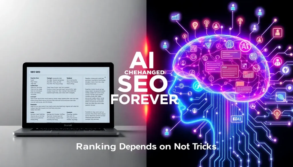 Split concept image showing old SEO methods on a laptop screen on one side and a glowing AI brain with digital connections on the other, representing AI Changed SEO Forever and modern search ranking based on value, not tricks.