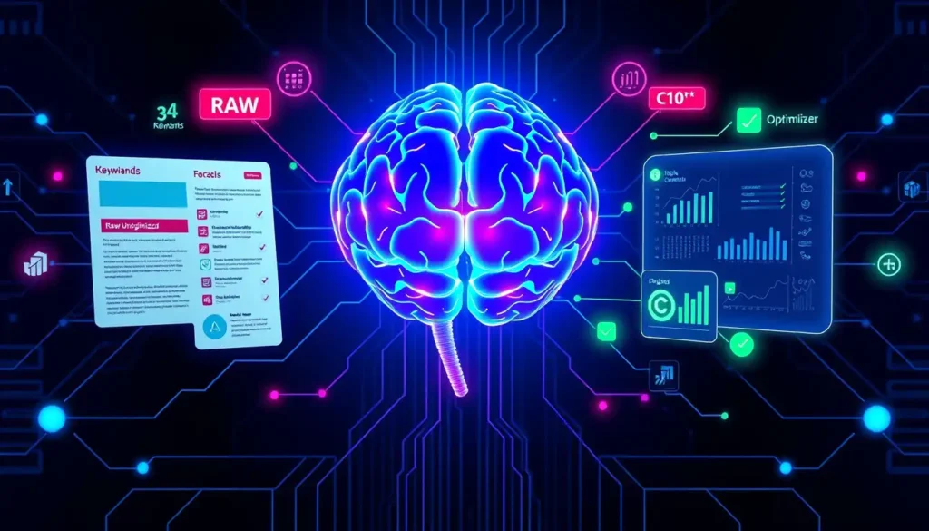 Futuristic AI brain connected to content dashboards showing raw unoptimized content on one side and optimized SEO analytics with green check marks on the other, representing AI powered content optimization and performance improvement.