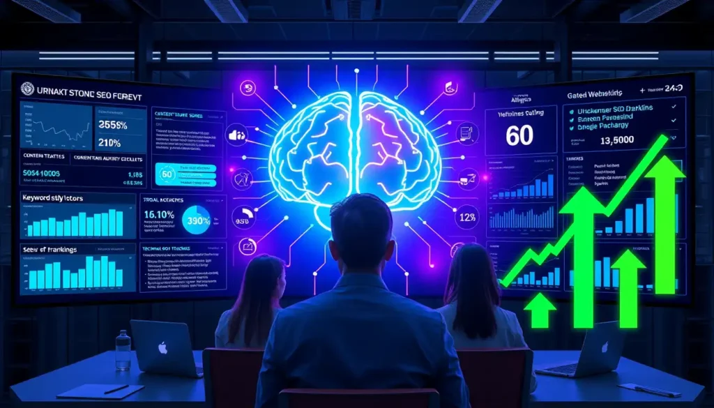 Business team analyzing large digital dashboards with a glowing AI brain and rising green growth arrows, representing AI-driven SEO strategy, data tracking, brand authority, and business growth.