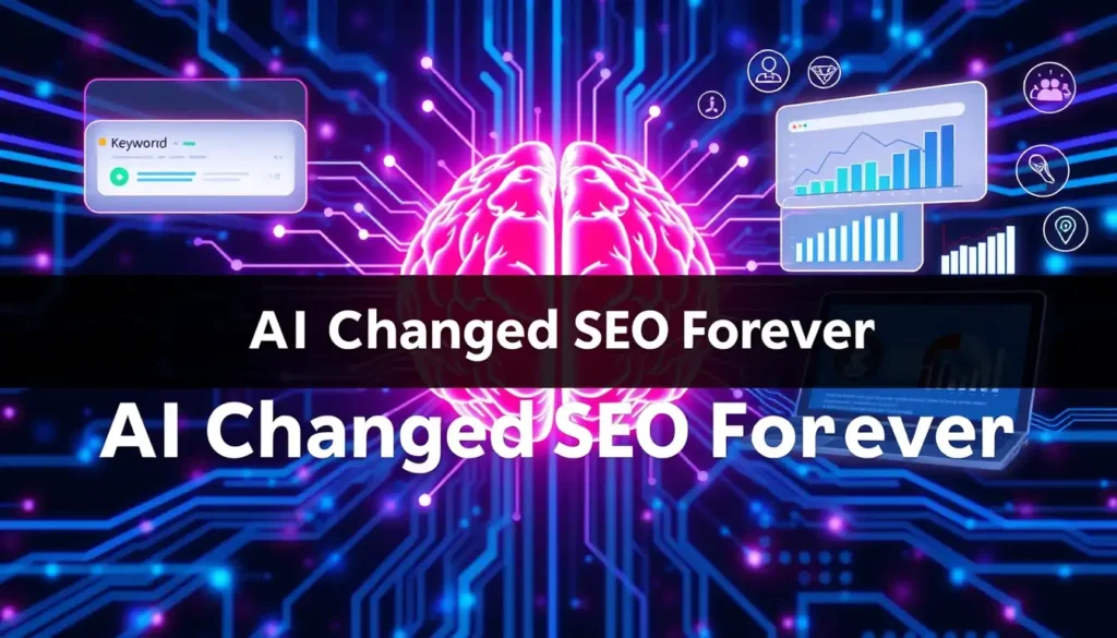 AI Changed SEO Forever concept image showing a glowing digital AI brain with circuit connections, keyword box, analytics graphs, and search dashboard elements in a futuristic blue and purple background.