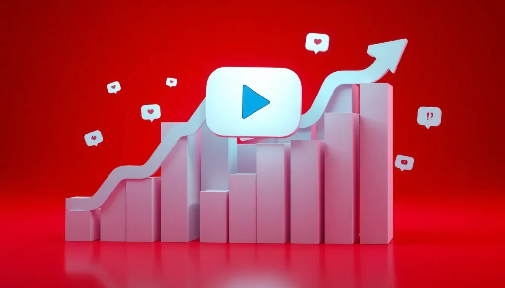 A 3D rendered bar chart and upward-pointing arrow on a red background, featuring a white YouTube play button icon and floating "like" notification speech bubbles.
