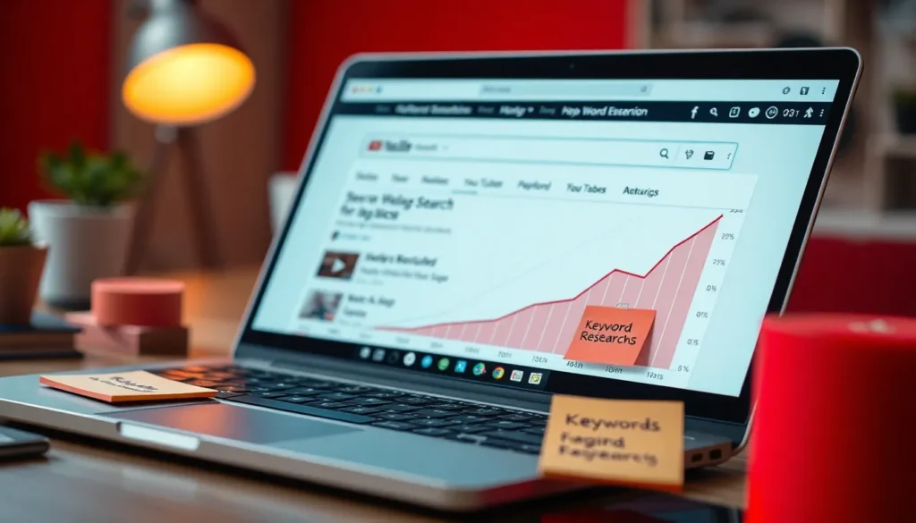 Laptop on a desk showing YouTube analytics dashboard with rising graph and keyword research notes, representing YouTube SEO growth and video optimization strategy.