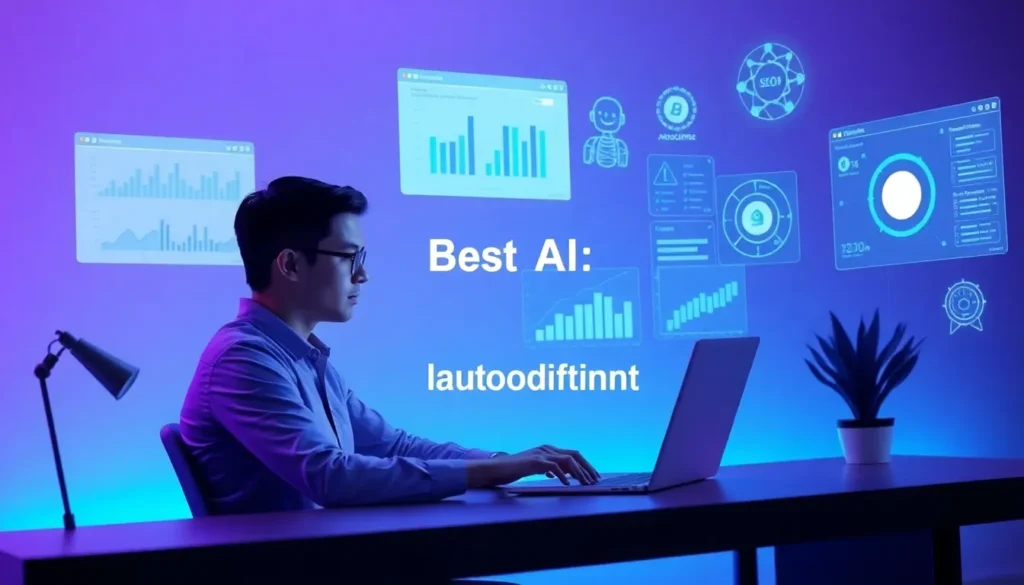 Young digital marketer working on a laptop with futuristic AI dashboards, SEO charts, analytics graphs, and glowing blue-purple digital marketing interface background.