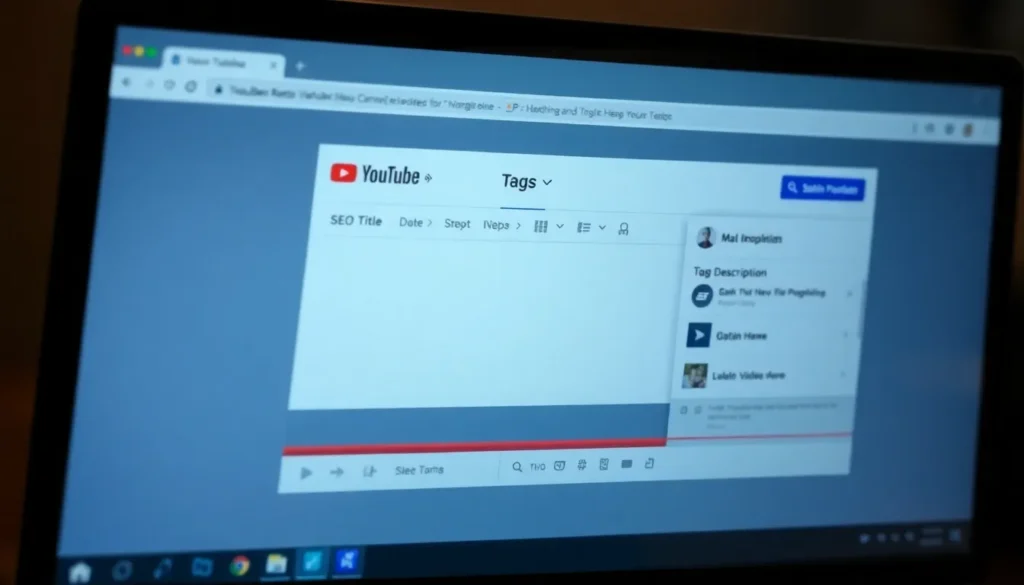 A close-up, slightly angled shot of a laptop screen displaying a YouTube video management interface, focusing on the "Tags" and "SEO Title" sections for video optimization.