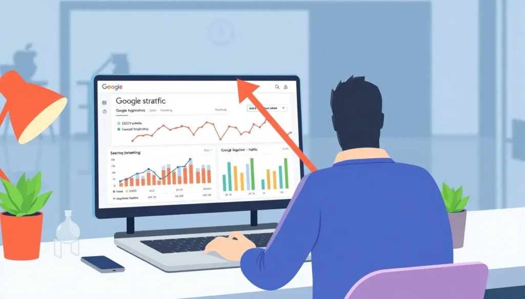 Conceptual image of keyword research and domain analysis using a magnifying glass on a search engine results page.