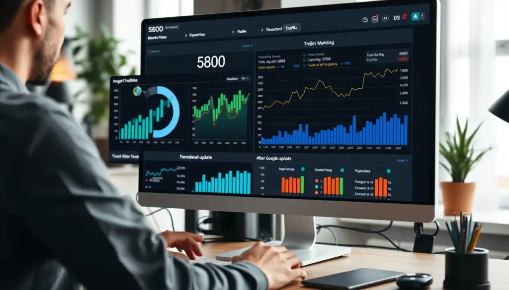 A man seen from behind sitting at a desk, working on a large computer monitor that displays a complex dark-themed SEO dashboard with multiple blue bar charts, line graphs, and a large "5800" metric.