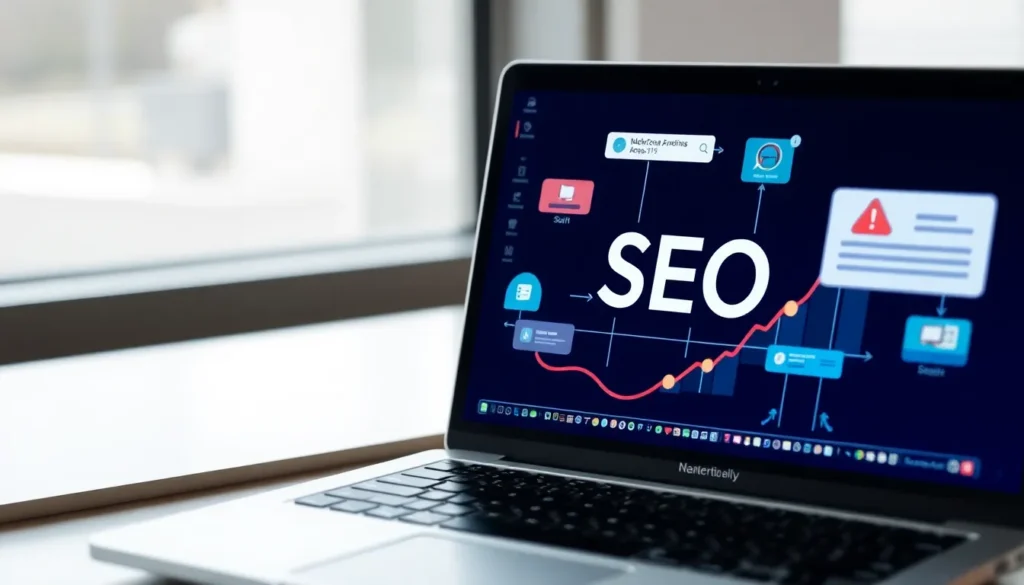 A close-up shot of a laptop screen displaying a dark-themed SEO dashboard. The word 'SEO' is centered in large white text, surrounded by icons for search, alerts, and data points. A red line graph shows a steady upward trend across the interface.