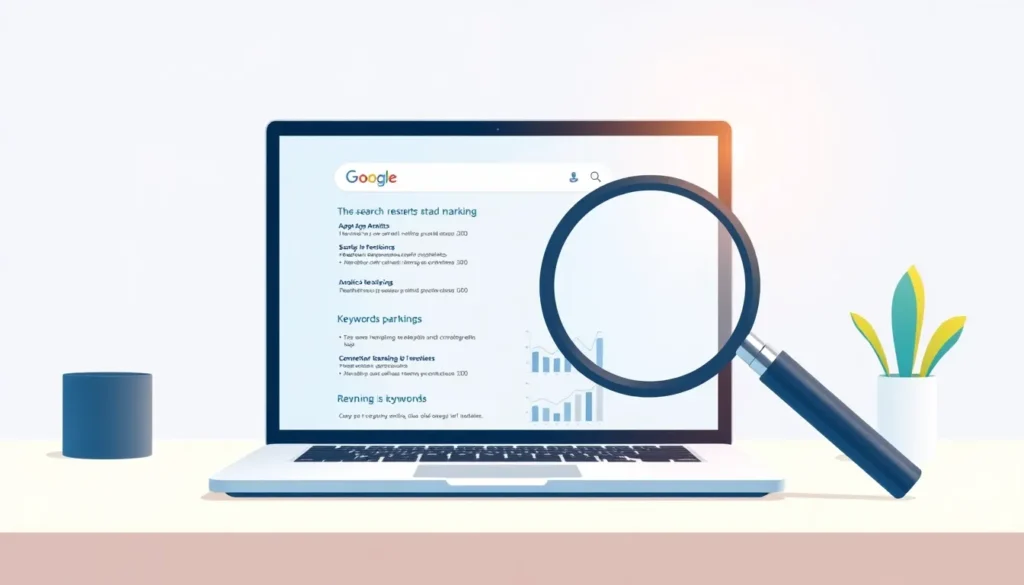 An open laptop displaying a Google search results page on a desk, viewed through a large magnifying glass. The illustration has a clean, minimalist aesthetic with soft lighting and a small potted plant in the background.