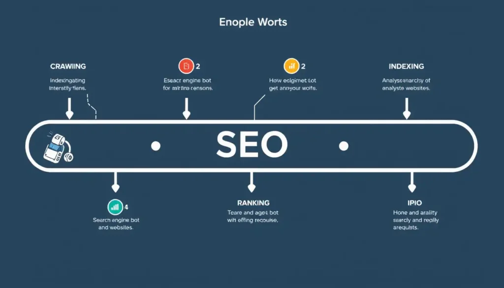 Infographic explaining the SEO process: how search engine bots crawl, index, and rank websites to improve search visibility