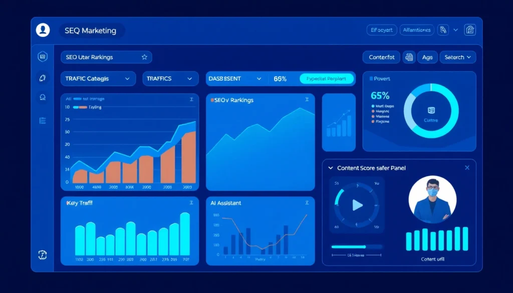 An AI-generated digital dashboard with a dark blue interface featuring various SEO and marketing analytics charts, graphs, and a circular progress widget.