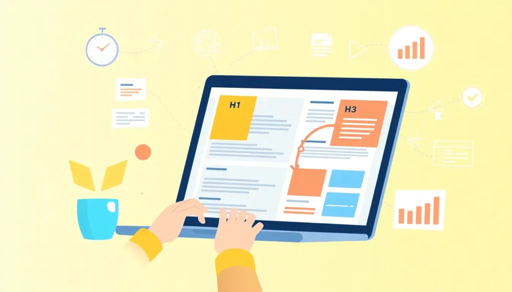 On-page SEO optimization illustration showing the proper use of heading tags and content structure on a laptop screen.