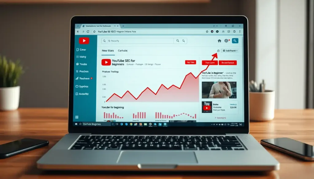 Laptop on a wooden desk displaying YouTube SEO analytics dashboard with rising graph, video optimization details, and red growth trend line on screen.